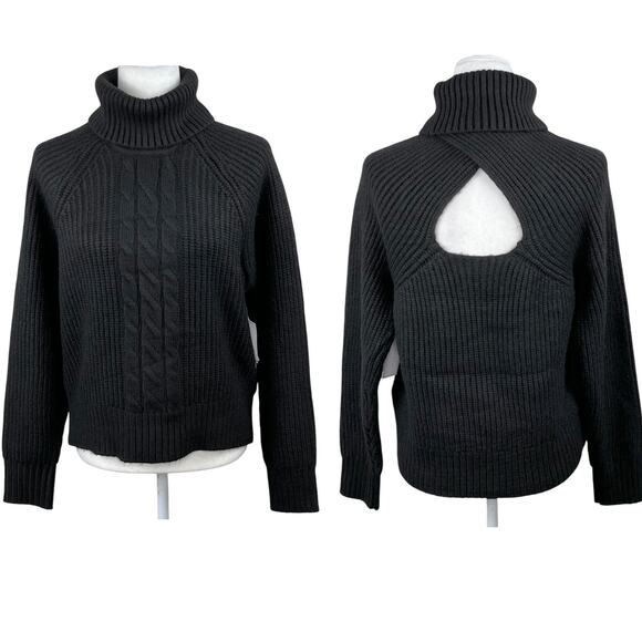 1.State Cable Knit Long Sleeve Turtleneck Sweater Back-Cutout Black Small NWT - Picture 2 of 14